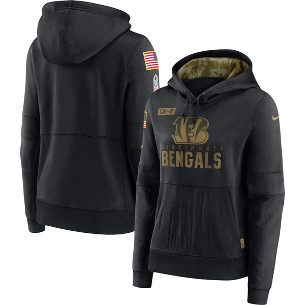 Women's Cincinnati Bengals 2020 Black Salute to Service Sideline Performance Pullover NFL Hoodie (Run Small)